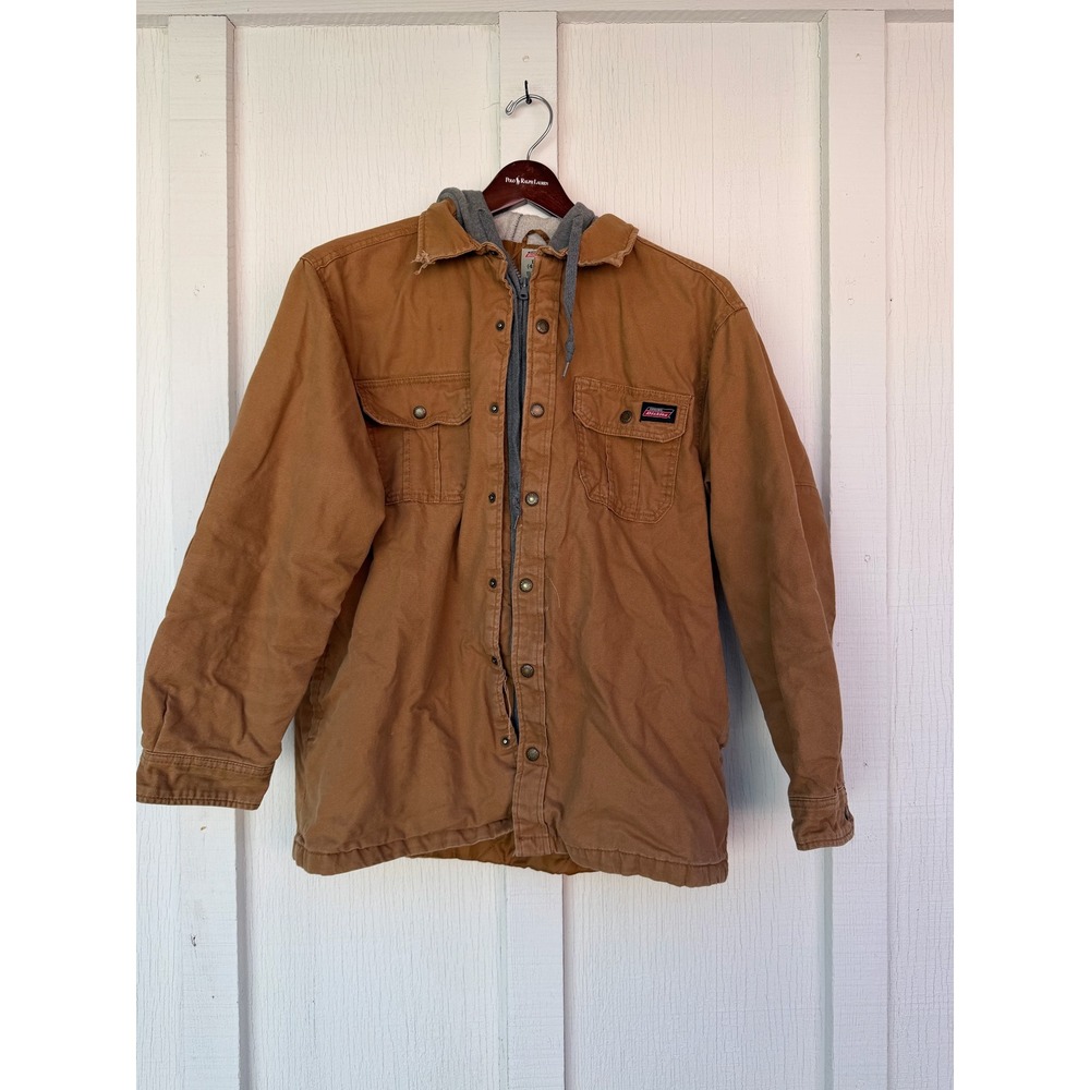 Genuine Dickies Mens Duck Canvas Hooded Work Jacket Brown Quilted Lined Coat